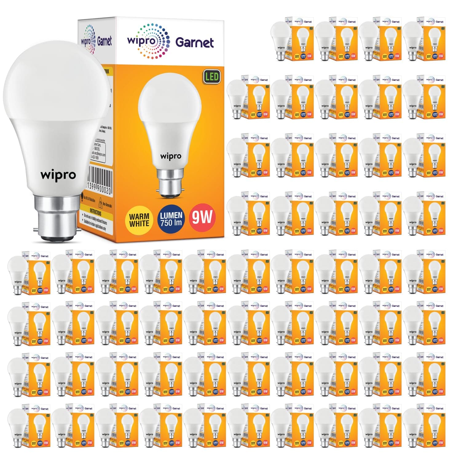 Wipro Garnet 9W LED Bulb for Home & Office |Warm White (2700K) | B22 Base|220 degree Light coverage |4Kv Surge Protection |400V High Voltage Protection |Energy Efficient | Pack of 60