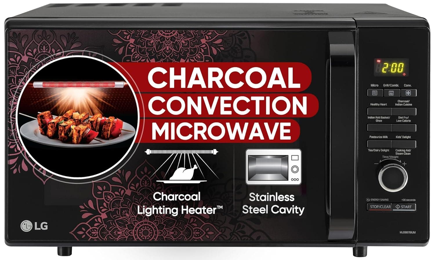 LG 28 L Charcoal Convection Healthy Microwave Oven (MJ2887BIUM, Black, Healthy Heart Recipes, Diet Fry, Pasteurized Milk, 360° Motorised Rotisserie & 10 Years of warranty on Charcoal Heater)