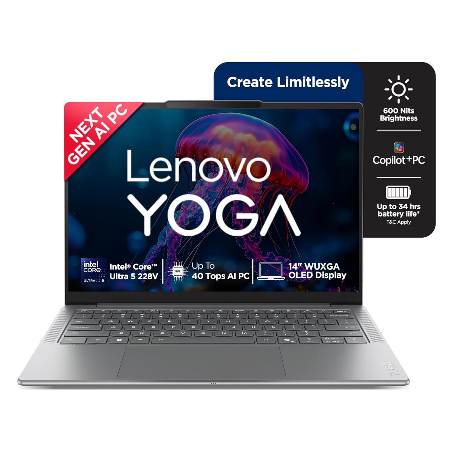 Lenovo Yoga Slim 7 Aura Edition, Intel Core Ultra 5 228V, 32GB RAM, 1TB SSD, WUXGA OLED, Copilot+ AI PC, 40 Tops, 14"/35.5cm, Windows 11, Office 2024, Grey, 1.19Kg, 83JX001LIN, AI Now, AI Laptop