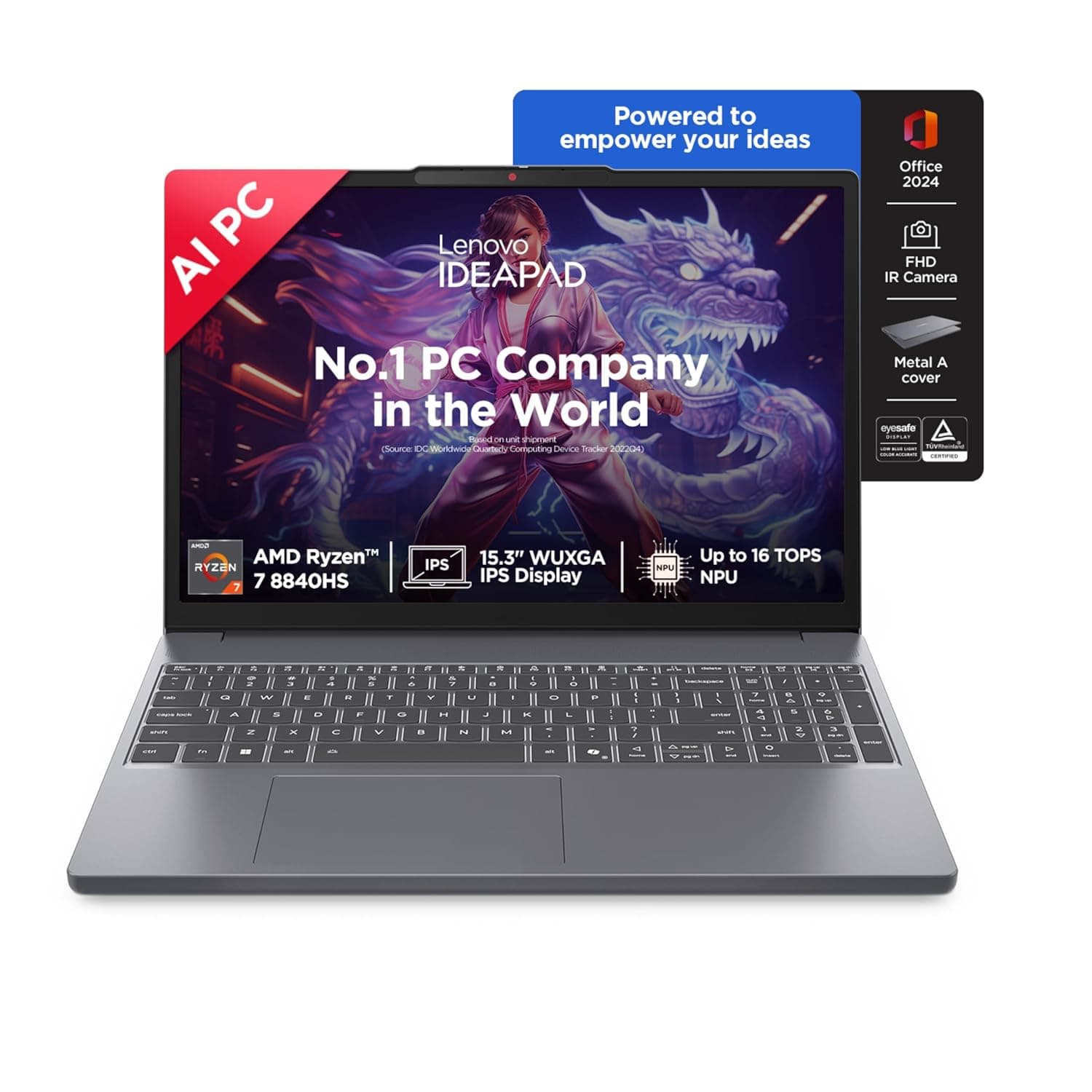 Lenovo IdeaPad Slim 3, AMD Ryzen 7 8840HS, 24GB RAM, 1TB SSD, WUXGA IPS, AI PC, 15.3"/38.8cm, Backlit Keyboard, Windows 11, Office Home 2024, Grey, 1.6Kg, 1Yr ADP Free, 83KA004TIN, AI Powered Laptop