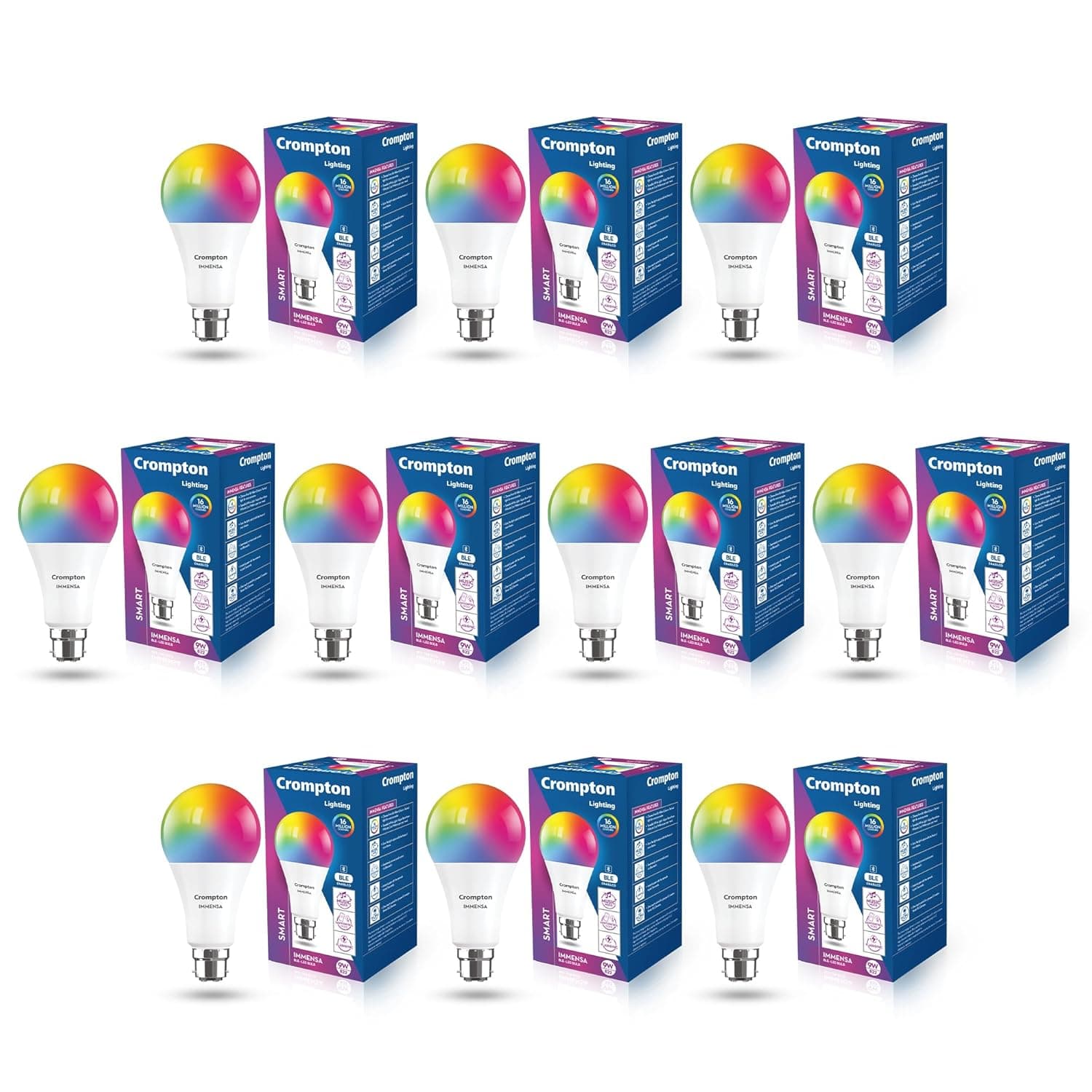 Crompton Immensa 9W Bluetooth Enabled Smart Bulb B22 | 16 million Colours | White Tunable (Warm, Neutral & Cool White) & Dimmable | App-Control |Music Sync|Perfect light for all occasions|Pack of 10