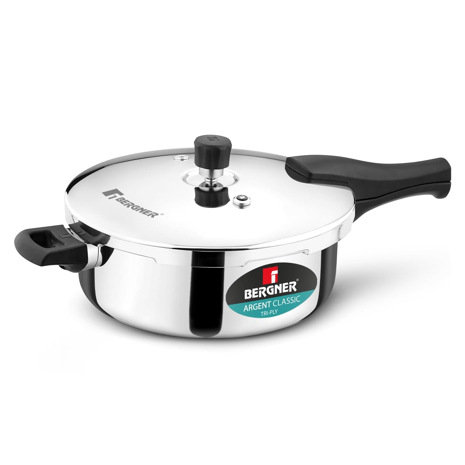 Bergner Argent Classic Triply Stainless Steel 5 Liters Outer Lid Pressure Pan, Triply Cooker with Resettable Safety Valve, Sturdy Handle, Easy to Use and Clean - Induction and Gas Stove Ready