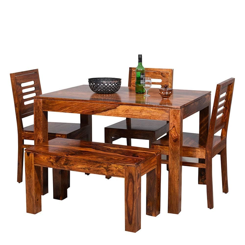 Solid Sheesham Wood Dining Table Set 4 Seater | Four Seater Dining Table 4 Seater with 3 Chairs & 1 Bench for Living Room | 4 Seater Dining Set for Hotel and Restaurant | Honey