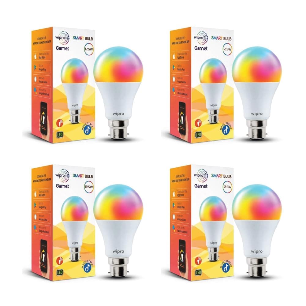 wipro 12.5W B22D Wi-Fi Smart LED Bulb with Music Sync | Voice Control with Alexa, Google Asst | App Control |16 M Colours, White Tunable - Warm, Neutral & Cool White +Dimmable | Scenes | Pack of 4